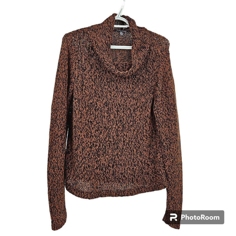 Eileen Fisher Sweater Orange Black Marled Funnel Neck Long Sleeve Pullover Sz S